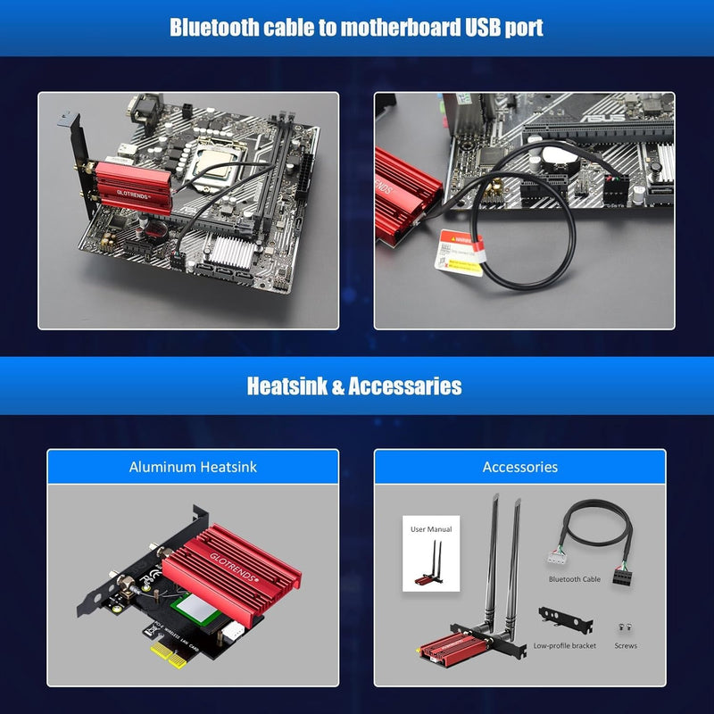 GLOTRENDS AX5400 WiFi 6E PCIe Card with Low-Profile Bracket for Desktop PC, Intel AX210 Chip, 802.11ax, Bluetooth 5.3, Support Windows 11/10/Linux, Not Support Mac OS/Windows 7/XP