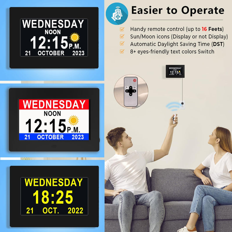 [New Version] 7 Inch Day Clock - 19 Alarms,20 Custom Reminder, Remote Control, Level 10 Auto Dimmable Display Calendar Clock, Non-Abbreviated Day Date Alarm Clock for Impaired Vision Dementia Seniors