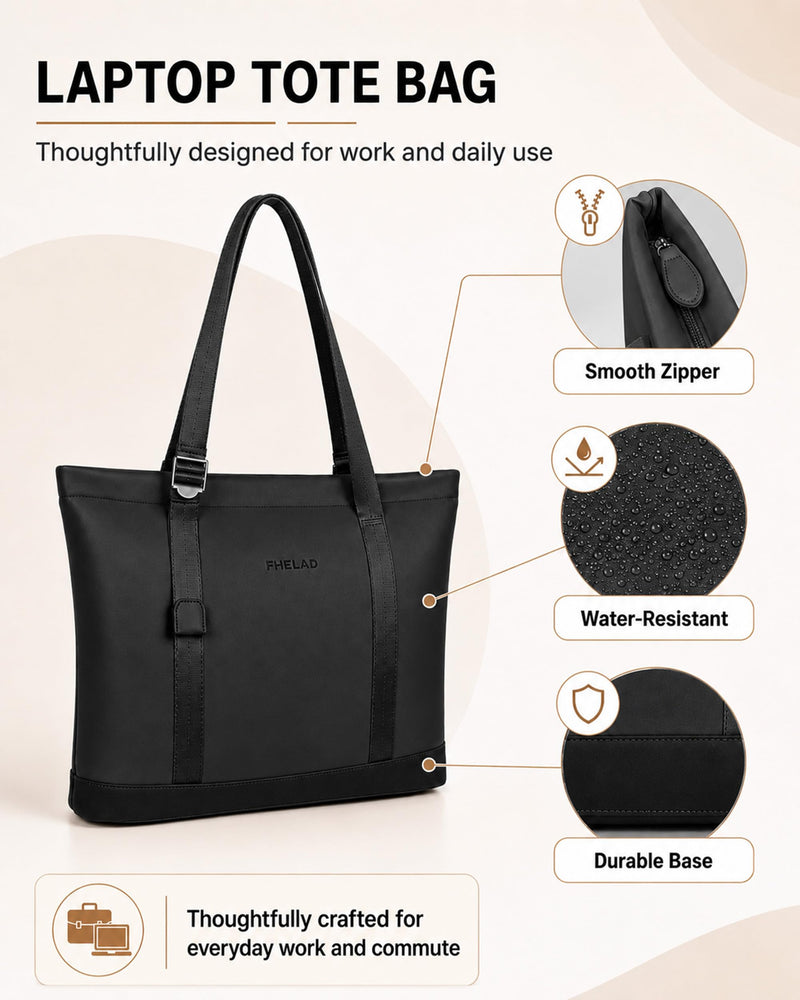 FHELAD Laptop Tote Bag for Women, Vegan Leather Work Shoulder Bag | 14 in Laptop Compatible, Tracker Slot, Padded, Compact, Office, College Black