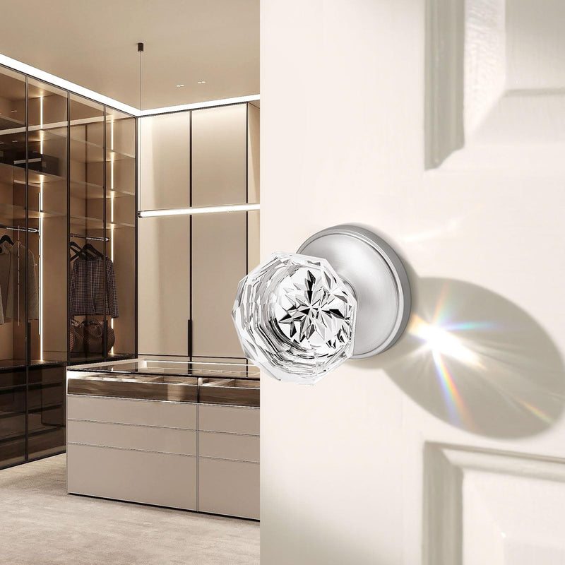 Orger Dummy Crystal Door Knobs with Diamond Shape in Satin Nickel Finish, Inactive Non-Turning Single Side Interior Dummy Handles for French Door/Cloakroom, 2 Pack Stain Nickel