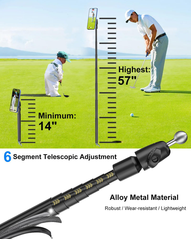 Golf Monopod Selfie Stick with Magnetic Phone Holder Mount - 57" Metal Pole Golf Phone Holder for Record Swing, Putting, Golf Training Aid, Tripod for iPhone 16 15 Compatible with Magsafe