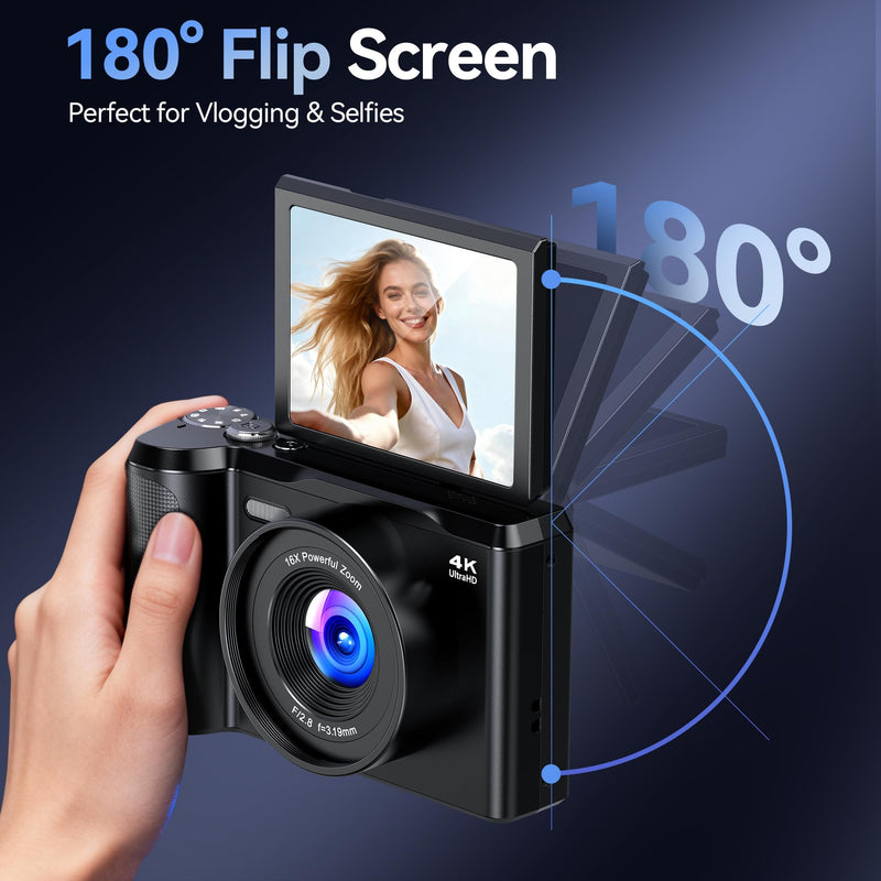 Digital Camera 4K for Photography Vlogging: 56MP Cameras with Mode Dial for Video - 16X Zoom Photo Camera Gifts for Teens Ages 8-16 - 180°Flip Screen Compact Cámara - Point and Shoot Digital Cameras