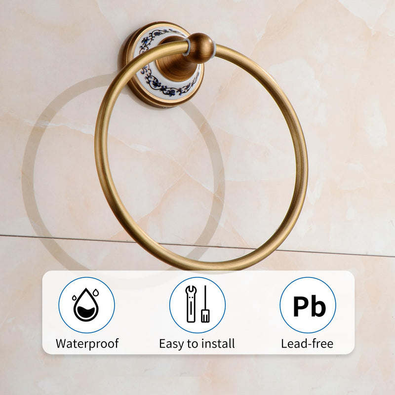 Towel Ring Antique Brass Hanger Hand Towel Holder for Bathroom Kitchen Accessories Wall Mounted,Porcelain Design Towel Ring