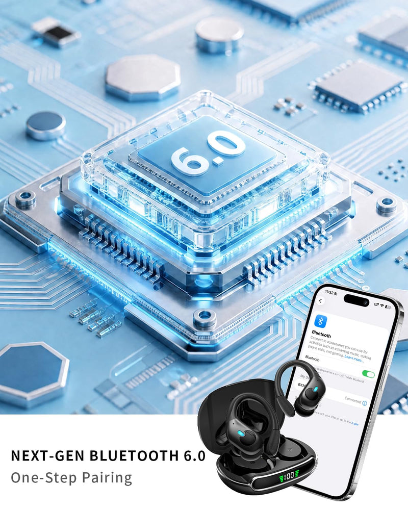 Active Noise Cancelling Ear Buds Wireless Earbuds 90H Playtime Bluetooth Headphones Stereo Bass Over-Ear Hooks Earphones with Power Display Case IPX7 Waterproof Headset for Workout/Running, Black