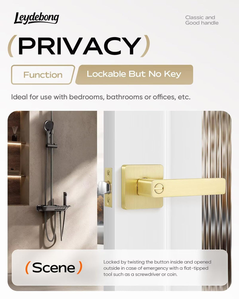 Leydebong 1 Pack Gold Door Knobs with Lock, Heavy Duty Interior Privacy Door Handle for Bed/Bathroom, Reversible Flat Levers with Square Rosette Privacy Lock (Keyless)Bedroom/bathroom