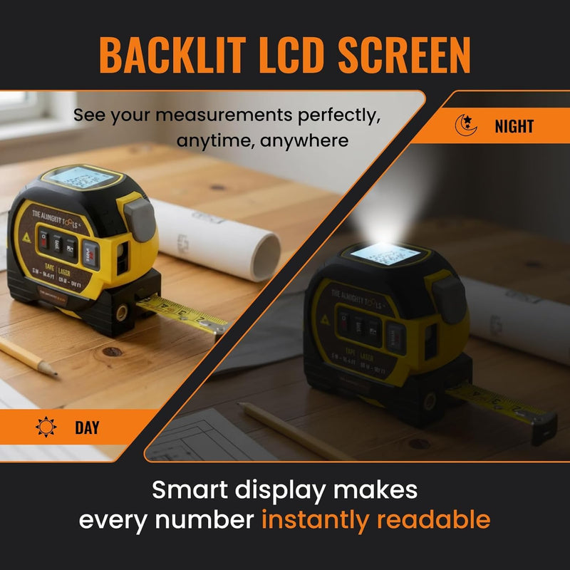 The Almighty Ruler Laser Tape Measure | Laser Distance Measurer, Heavy-Duty Tool with Cross Marking Feature, Smart Range Finder, Easy-Read Display, Ft & Metric Measurement | 131 ft | 43 yd | 40 m 40m Yellow