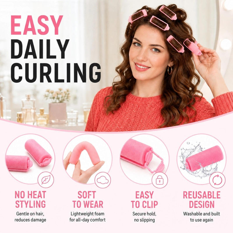 Foam Hair Rollers, 12 Pack Soft No Heat Sponge Hair Curlers, Overnight Hair Styling Tools for Long Short Medium Hair, Pink for Home DIY & Travel