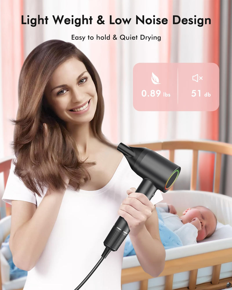 OIMYE Hair Dryer, 160000RPM High Speed Ionic Hairdryer, Fast Drying, 500 Million Negative Ions, Smart Heat Control, Quiet, No Heat Damage, Anti-Frizz, Lightweight Blow Dryer with Diffuser & Nozzle Black