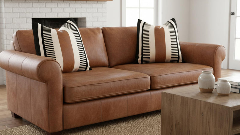Set of 2 Boho Decor Faux Leather and Cotton Throw Pillow Covers 24x24 Rustic Canvas Cushion Cover Black White Farmhouse Stripe Pillow Case for Sofa Couch Chair Bedroom 24" x 24" (Pack of 2)
