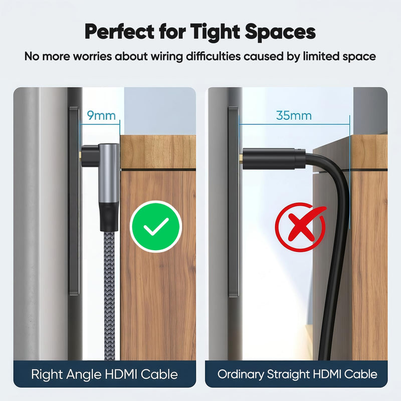 Short Right Angle HDMI Cable 8K 90 Degree HDMI 2.1 Cable 1 Foot | Aluminum Braided Angled HDMI Cord Supports 4K@120Hz, 8K@60Hz, 48Gbps, Dynamic HDR, eARC, 3D for TV Box, HDTV, Monitor, Laptop 90-Degree 1FT