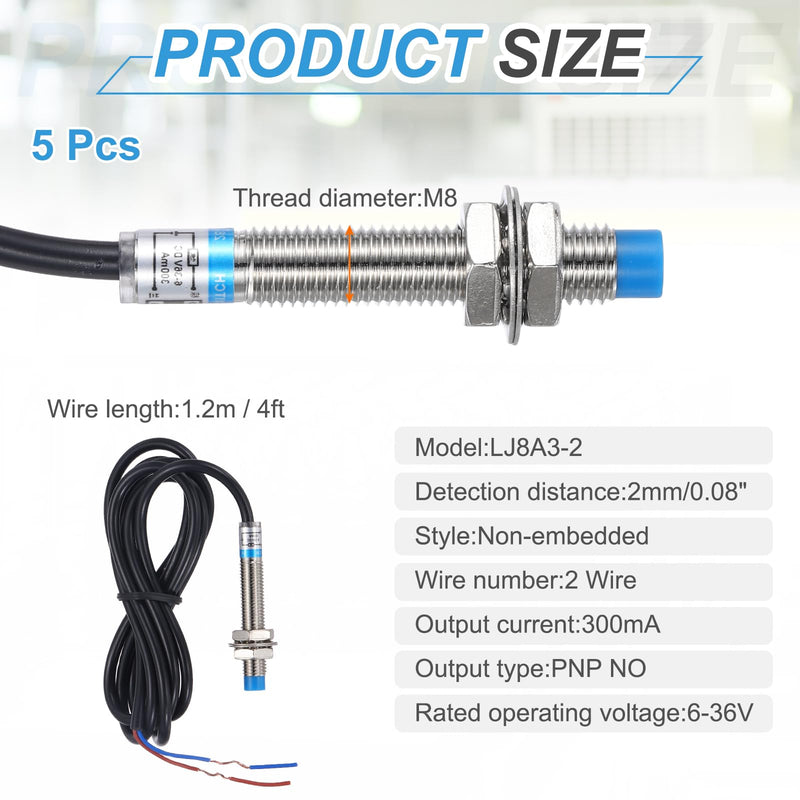 MECCANIXITY 5Pcs Inductive Proximity Sensor,PNP NO M8 DC 6-36V 300mA Proximity Switch Detector Approach Sensor 2mm 2 Wire for Industrial Automation LJ8A3-2