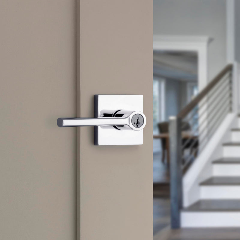Kwikset Lisbon Square Entry Door Knob with Lock and Key, Secure Keyed Handle Exterior, Front Entrance and Bedroom, Polished Chrome, Pick Resistant SmartKey Rekey Security