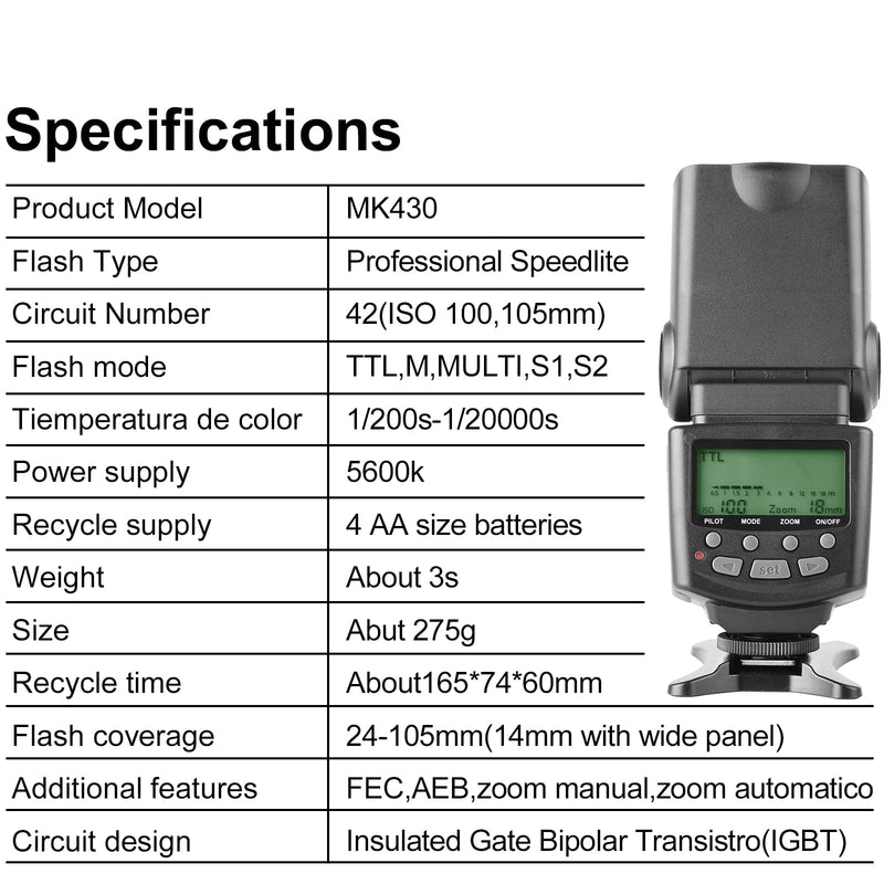 Meike MK430N TTL Camera Flash Speedlite with LCD Display for Nikon Cameras | For D7100 D5300 D5200 D3500 D3100 D600 D800 D3200 D90 D80 D300 D7500 D780 with Standard Hot Shoe