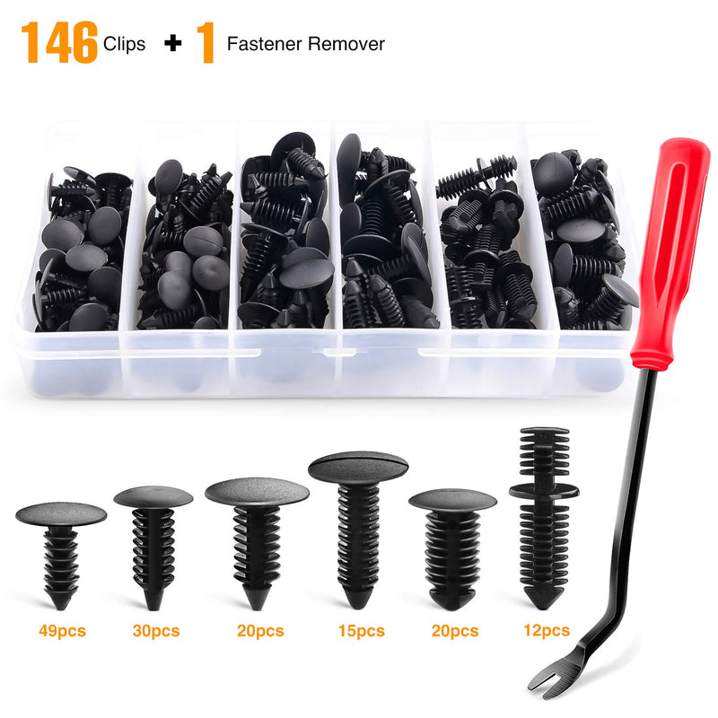 GOOACC 146PCS Nylon Bumper Shield Retainer & Double End Xmas Tree Retainers Clips Universal Auto Body Shield Retainer Fastener Clip Assortment- Bonus Fastener Remover 146Pcs Clips + Remover