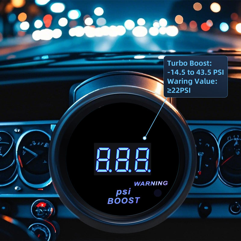ARTILAURA 2" 52mm Boost Gauge 30 PSI Digital Blue Turbo Boost Sensor Kit with Hose & T-Fitting for 12V Universal Car Auto
