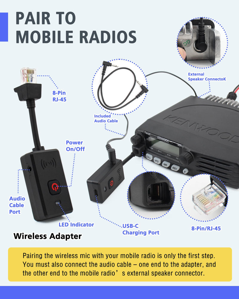 Wireless Speaker Microphone for Kenwood NX700 NX800 NX-820 NX-920 TK8180 TK7180 TK7360 TK8160 Car Walkie-Talkie Wireless Hand Long Range Mic with 360° Clip, USB-C Charging