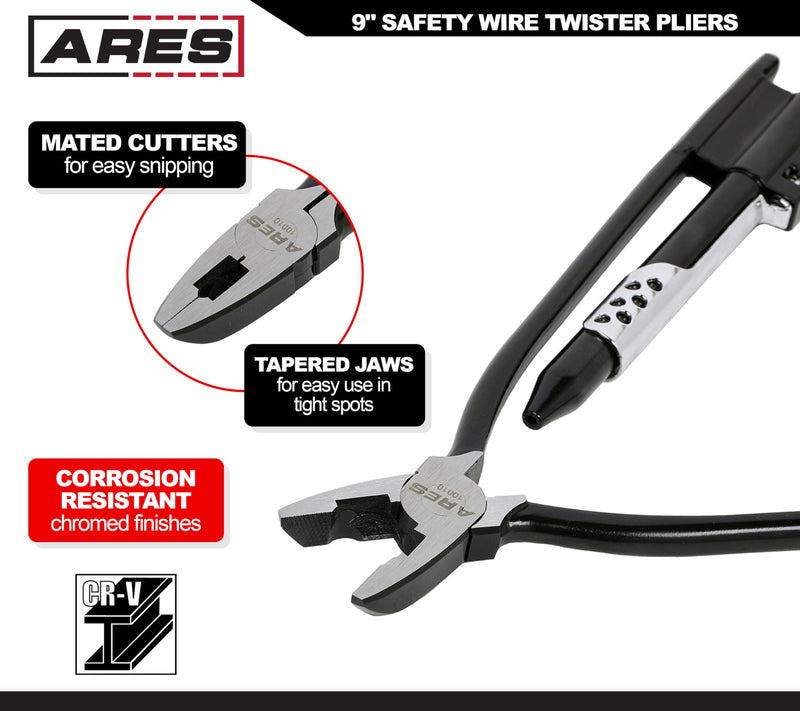 ARES 10010-9-Inch Safety Wire Twister Pliers – Durable Untwist Tool Grips, Twists, and Cuts Stainless Steel Safety Wire on Vehicles, Machinery, and Aircraft 9-Inch Safety Wire Twisting Pliers