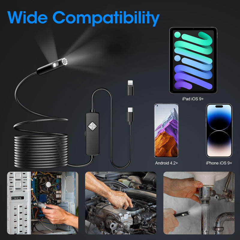 Endoscope with Light, 1920P HD Borescope with 8 Adjustable LED Lights, Semi-Rigid Snake Camera, IP67 Waterproof Inspection Tool for iPhone & Android - 16.4FT-Dual Lens (Black) Black