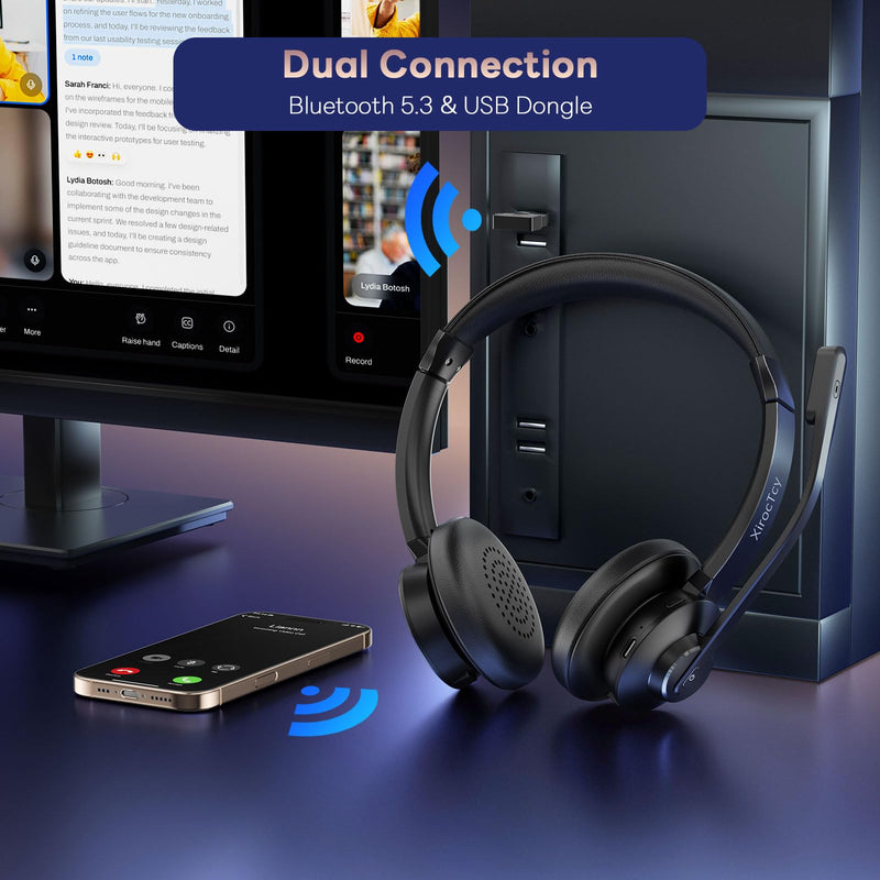 Wireless Headset with Mic for Work, Bluetooth Headset, Mic Clear Calls, Wireless Headphones with AI Noise Cancelling Microphone (Bluetooth 5.3 & Mic Mute), USB Dongle, for PC/Zoom/Office Black