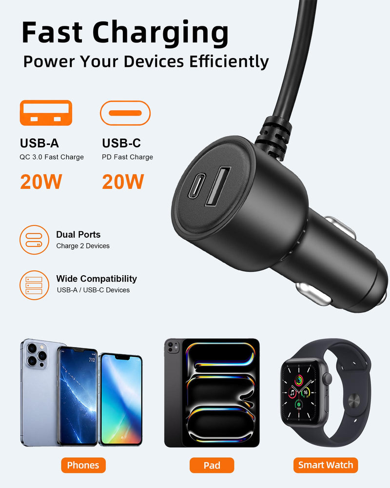 Dash Cam Power Cord USB C – 11.5FT Dashcam Power Adapter with Dual Ports Fast Charging, Compatible with Redtiger, Wolfbox, Vantrue, Viofo, TERUNSOUL and Most Dash Cameras