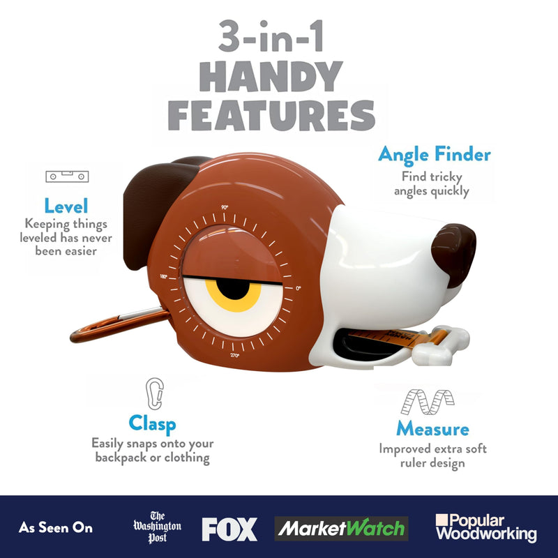 Handy Famm Fido The Dog 4-in-1 Kids Measuring Tape with Adjustable Level Eye, Angle Finder & Eraser Ears – Montessori STEM Educational Toy, Real Tape-Measure for Children Ages 3+
