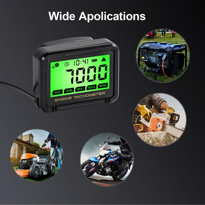 Digital Chainsaw Tachometer Motorcycle Pulse Engine Tachometer Adjustable Green Backlight Tacho Meter ATV RPM calibrated Gauge for Lawn Mower Dirt Bike Boat Marine UTV Small Engines