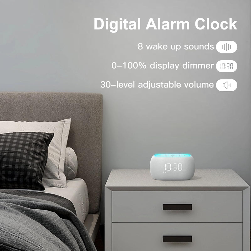 ANJANK White Noise Sound Machine Alarm Clock with Hi-Fi Bluetooth Speaker, 21 Soothing Sounds/7 Night Lights, 0-100% Dimmer/Sleep Timer/Volume Control, Soother for Adults Kids Sleeping, Bedroom, White B-white