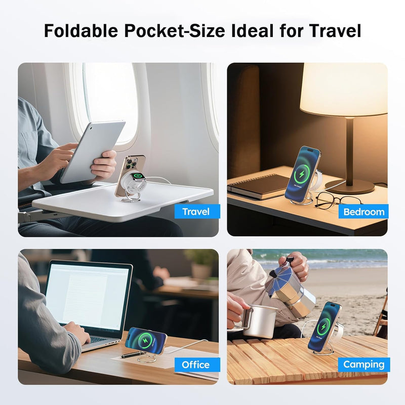 Wireless Charger Stand, Foldable Magnetic 3 in 1 Charging Station for Multiple Devices, Phone Stand and Holder,Compatible with iPhone 13~17 Series