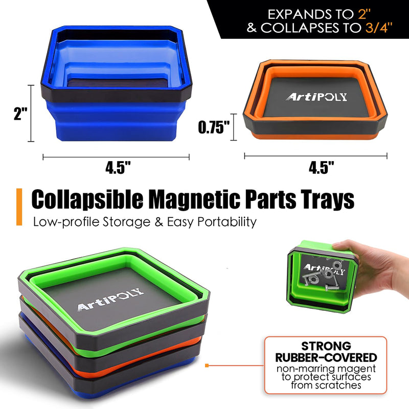 Collapsible Magnetic Parts Tray Set, 3 Pack Foldable Silicone Magnetic Tool Trays for Bolts Screws Nuts & Small Metal Parts, 4.5” Upgraded Square Silicone Bowls with Dual-Sided Magnetic Base