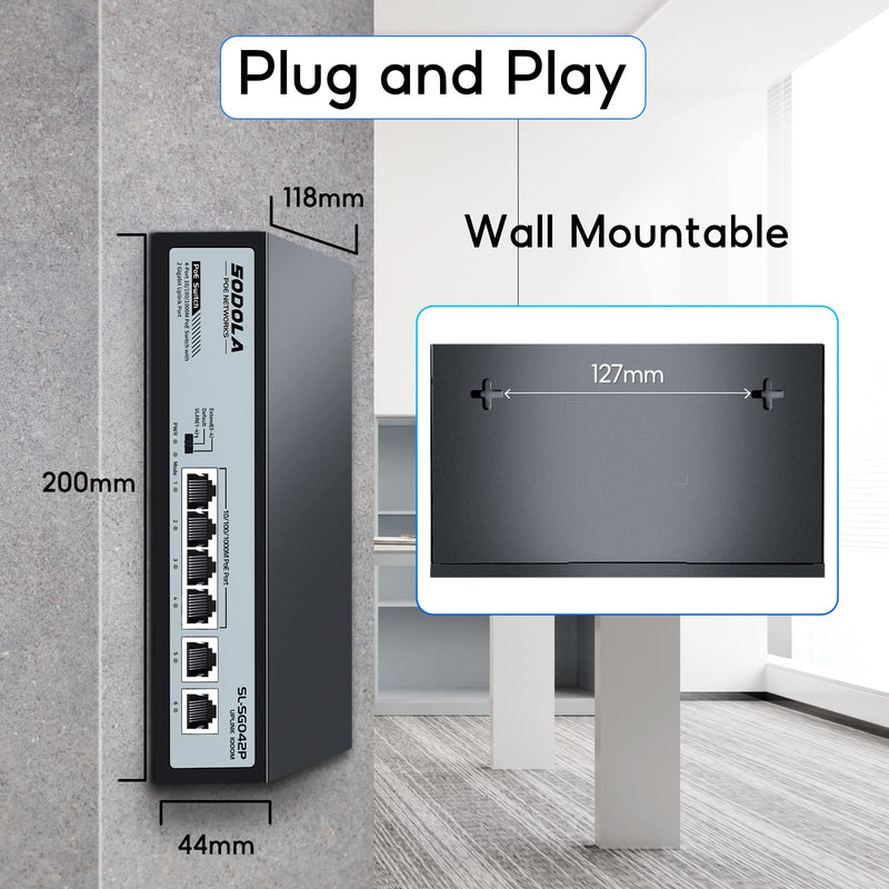 SODOLA 4 Port Gigabit PoE Switch with 2 Uplinks, AI Watchdog/Extend/Port Isolation, 802.3af/at,Plug & Play Unmanaged Network Switch 4+2POEUS