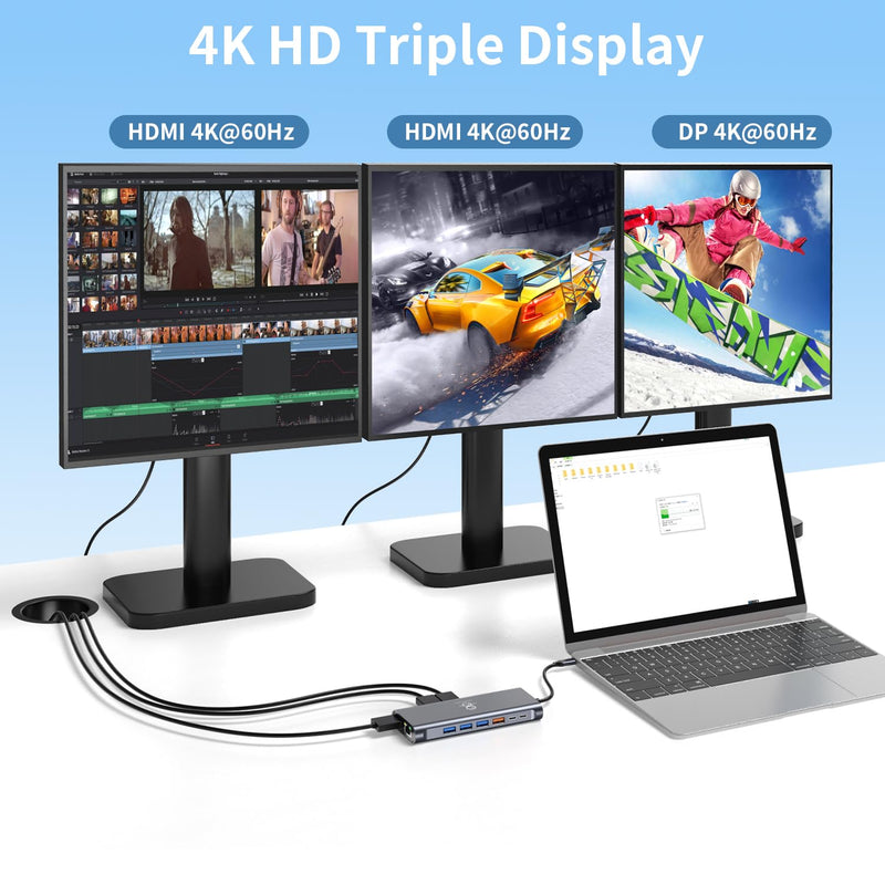 Docking Station 3 Monitors for HP/MacBook/Dell/Lenovo/Surface, USB C Docking Station with Dual 4K@60Hz HDMI & 4K DP, 14-in-1 USB C Hub with 100W PD, USB-A/C 3.1, 1Gbps Ethernet, SD/TF, 3.5mm Audio/Mic