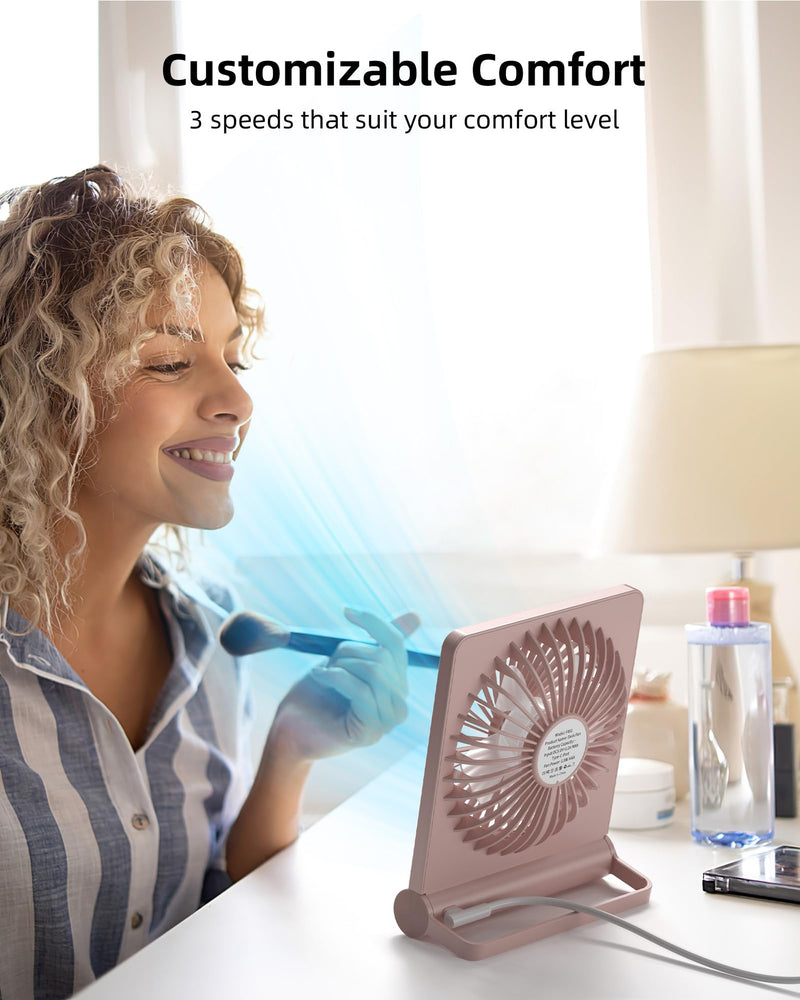 Koonie USB Fan, Strong Wind Ultra Quiet Small Desk Fan 220° Tilt Folding 3 Speeds Adjustable USB-C Powered Personal Fan for Home Office Desktop, Pink