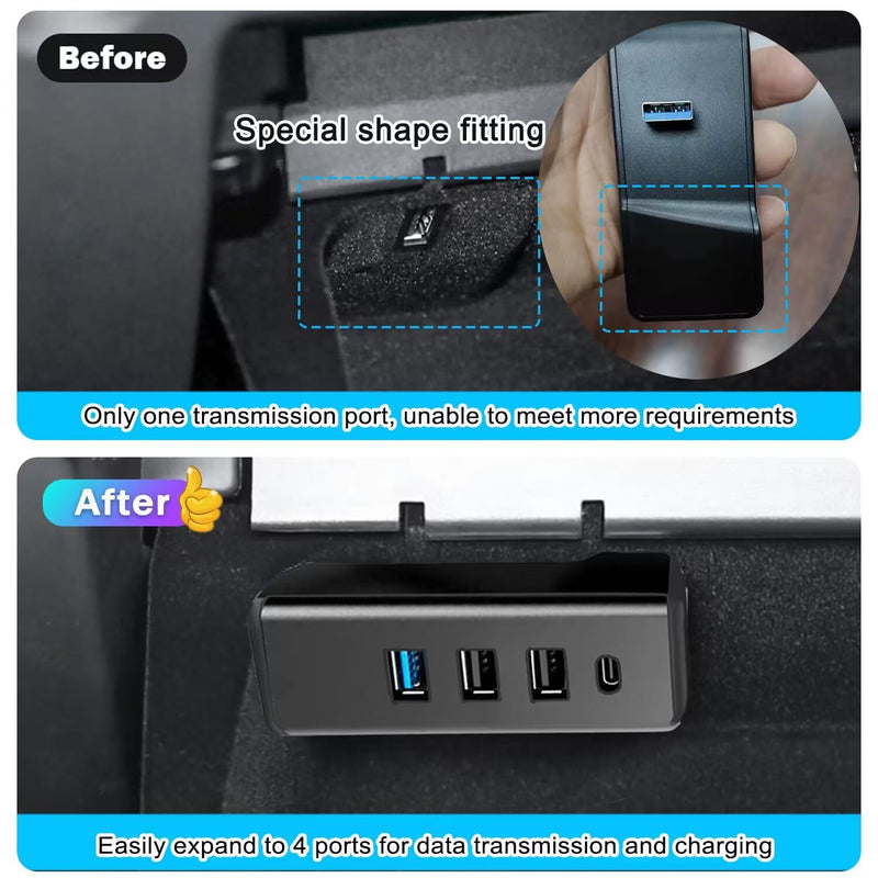 Glove Box USB Hub for Tesla Model 3/Y， USB 3.0 Hub with 1 USB C & 3 USB A Ports USB Splitter USB Extender Compaitble with Tesla Model Y 2021-2024 and Model 3 2021-2023 and Other Car, Computer pc