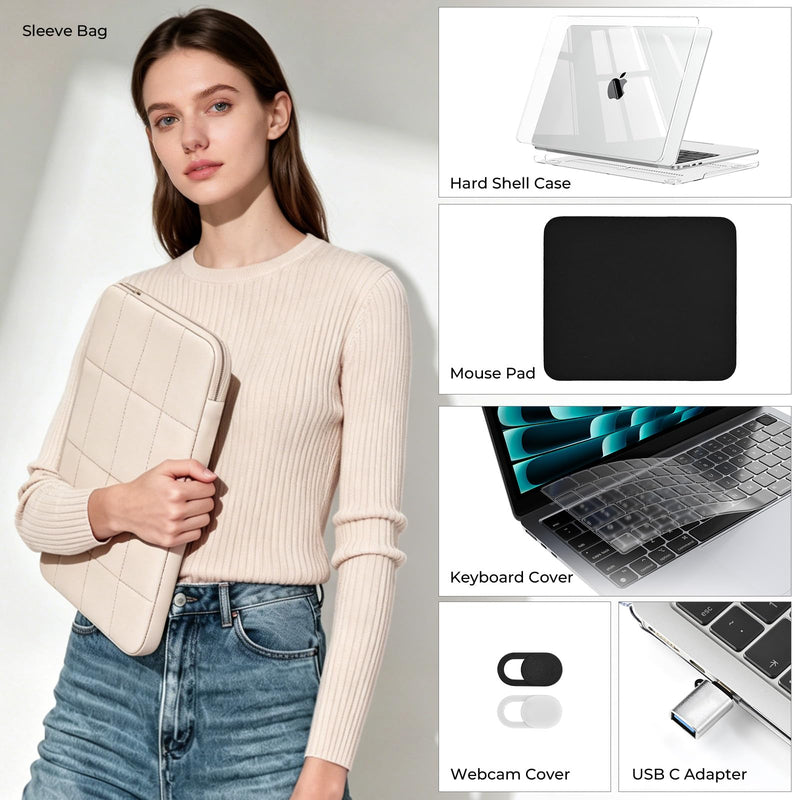 EooCoo for MacBook Air 13 inch Case M5 M4 M3 M2 2026-2022, Crystal Clear | 6-in-1 Essential Starter Kit, Scratch & Shock Resistant, Keep Original Look & Logo, Lightweight, For Campus, Office & Travel MacBook Air 13-inch