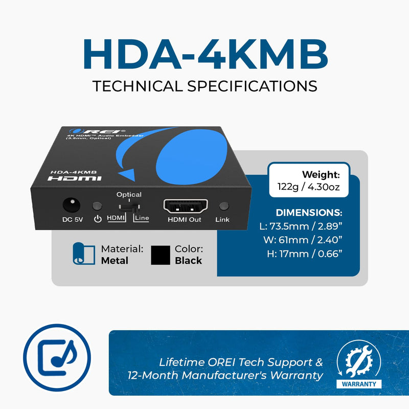 OREI 4K HDMI Audio Embedder, Audio Embedder Inserter Digital Analog Audi + DVI to HDMI Support TOSLINK Optical 3.5mm Jack AUX Sound Input 4K60Hz 18Gbps HDR HDCP2.2