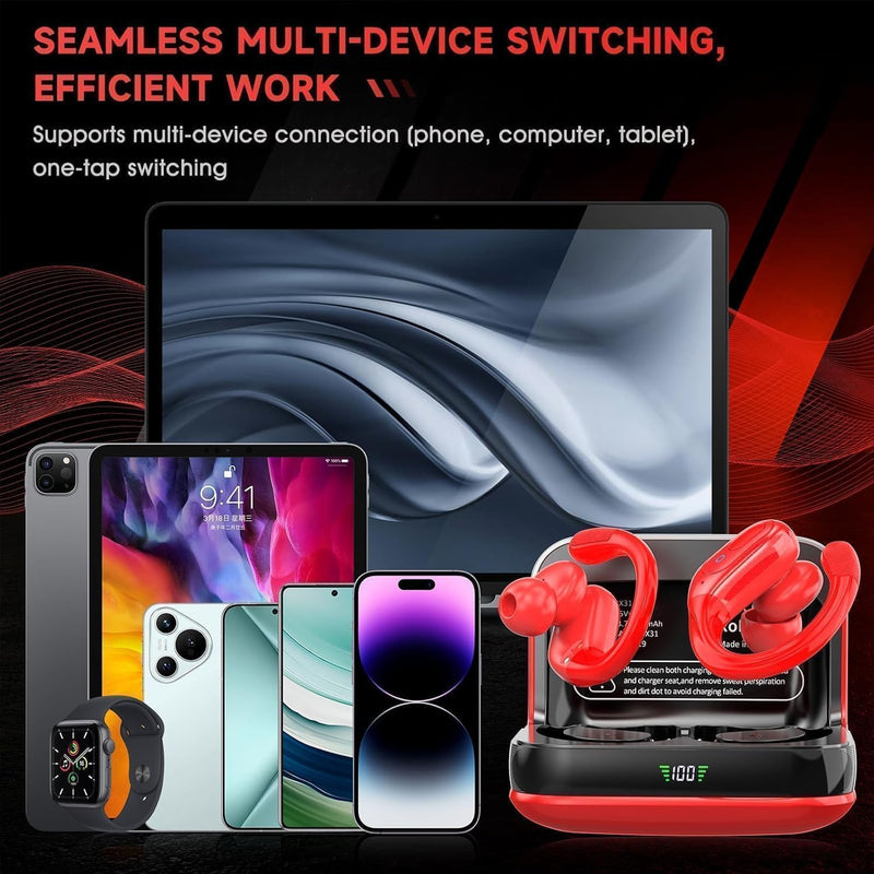 sajawass Wireless Earbuds Headphones Bluetooth 5.4, Noise Canceling Ear Buds with 75hr Playtime, IPX7 Waterproof Earphones Over-Ear Earphones for Sports/Workouts, LED Power Display - Red