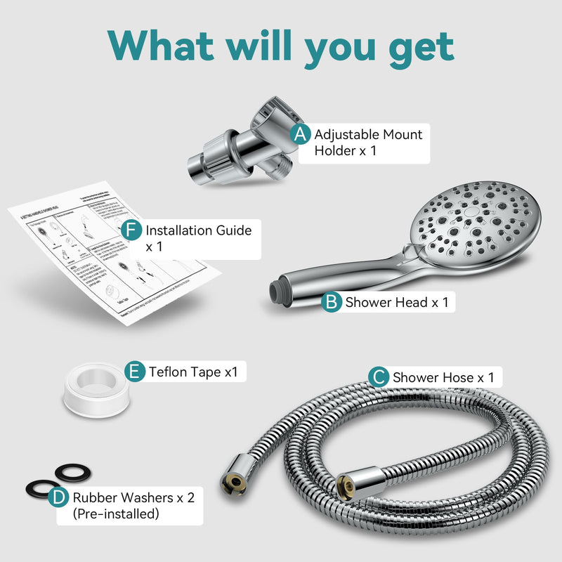 High Pressure Shower Head with Handheld, JDO 6 Spray Settings Handheld Showerhead, 4.3" High Flow Rain Showerhead Set with 59" Stainless Steel Hose and Adjustable Bracket for Bathroom, Gym, Hotel Chrome