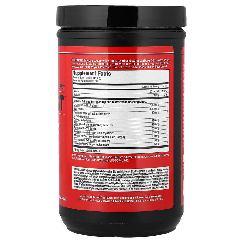 MuscleMeds Nitrotest Pre-Workout Supplement Drink, Boost Nitric Oxide, Testosterone, Watermelon, 30 Servings, 1.03 Pound, 1 Count 1.03 Pound (Pack of 1)
