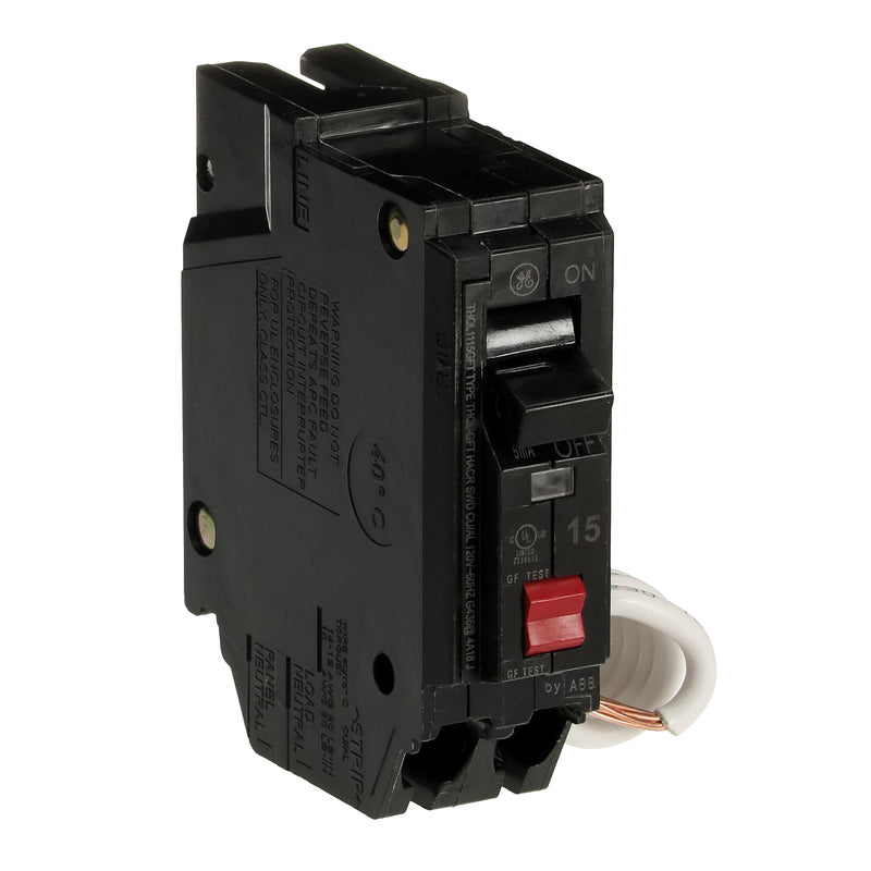 ABB Q-Line® THQL1115GFTP 15A Ground Fault Interrupter Circuit Breaker • 15 Amp Single Pole 120 VAC Ground Fault Breaker with Self-Test • Ground Fault Circuit Interrupter • Plug-in Mount Type