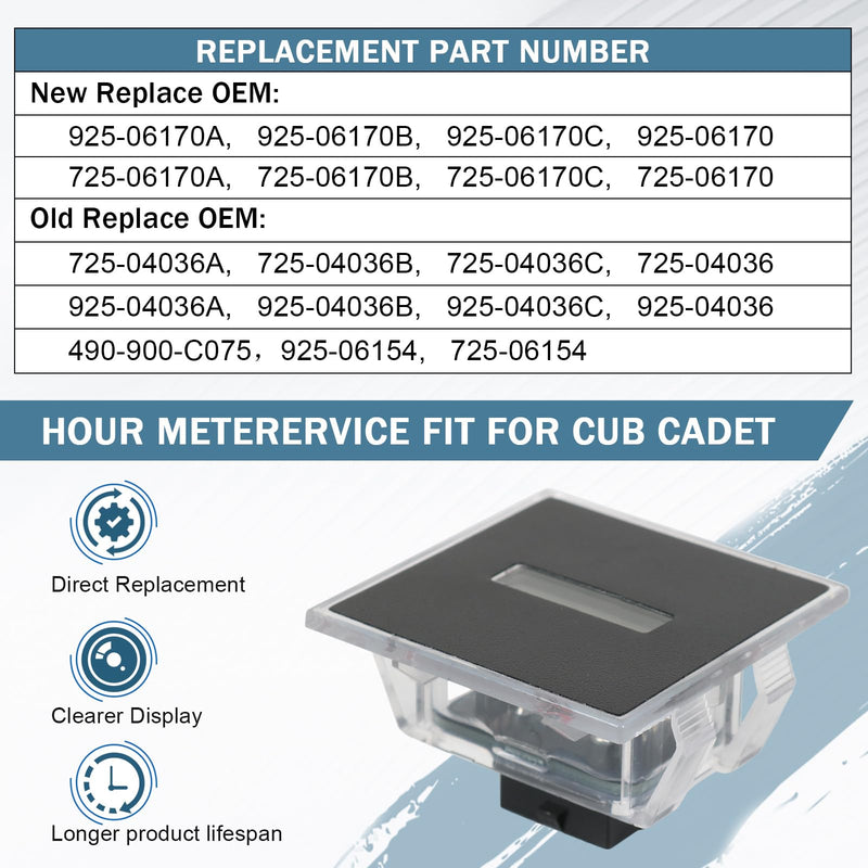 Upgrade 925-06170B Hour Meterervice Compatible with Cub Cadet Hour Meter Minder Z Force RZT LGT LGTX GT GSE LT LTX or More Hour Meter Replaces 925-06170A, 925-06154