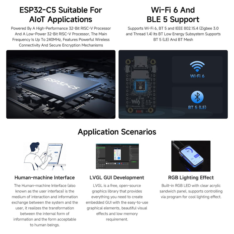 Waveshare ESP32-C5 1.47inch LCD Development Board, 172×320,Without headers | 262K color,supports 2.4GHz/5GHz Wi-Fi 6 and BLE5,Integrated display, onboard TF card slot and multiple peripheral interfaces