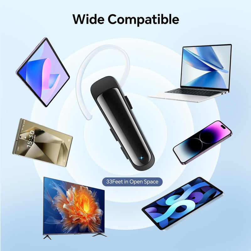 Bluetooth Headset Wireless Earpiece Single Ear Earphones with Microphone | HD Sound Hands Free Calling Lightweight Design Mute Function for iPhone Samsung Android PC Laptop TV Work Office Driving