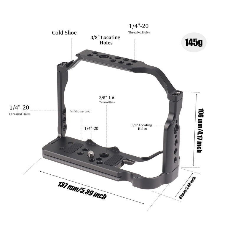 Camera Cage for Canon EOS R10, Built-in NATO Rail | Cold Shoe, Arca-Swiss Quick Release Plate, ARRI 3/8"-16 & 1/4"-20 Threaded Holes for Tripod Gimbal Stabilizer
