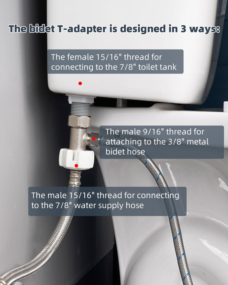 Hibbent Bidet T Adapter, Metal T Valve for Bidet(7/8” x 7/8” x 3/8”) or (15/16" x 15/16" x 9/16"), 3 Way Tee Connector Bidet Attachment for Toilet 15/16" Tee 15/16"-15/16"-9/16"