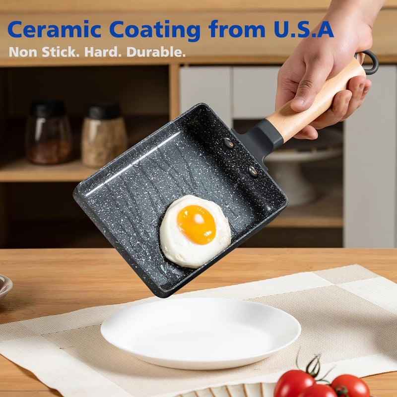 Ceramic Coating Square Japanese Tamagoyaki Omelette Small Skillet, Non-stick Rectangle Egg Roll Pan with Wood Handle (Dark Grey) Dark Gray