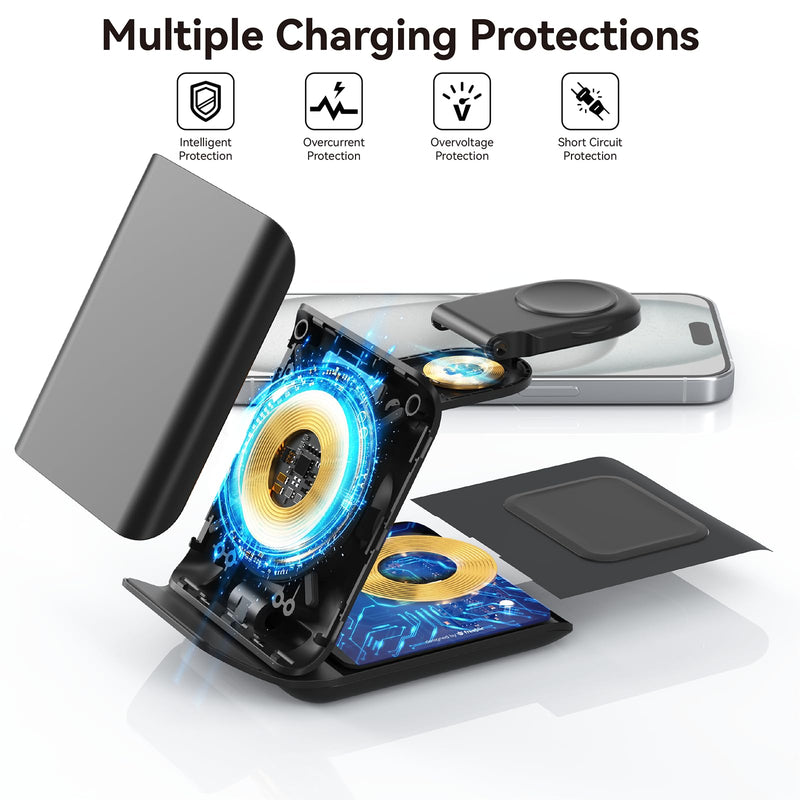 Geyo 3 in 1 Fast Wireless Charger for Samsung Galaxy Z Flip 8/7/7 FE/6/5 | Foldable Charging Station for Motorola Razr Ultra 2026, Portable Travel Charger Stand for Phone, Galaxy Watch & Buds, Black
