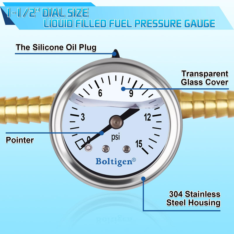 Boltigen Fuel Pressure Gauge, 0-15psi Fuel Pressure Gauge Kit, Glycerin Filled Fuel Pressure Regulator with Gauge for Car, 1/8'' NPT Inline Fuel Pressure Guage with 3/8'' 5/16'' Barb