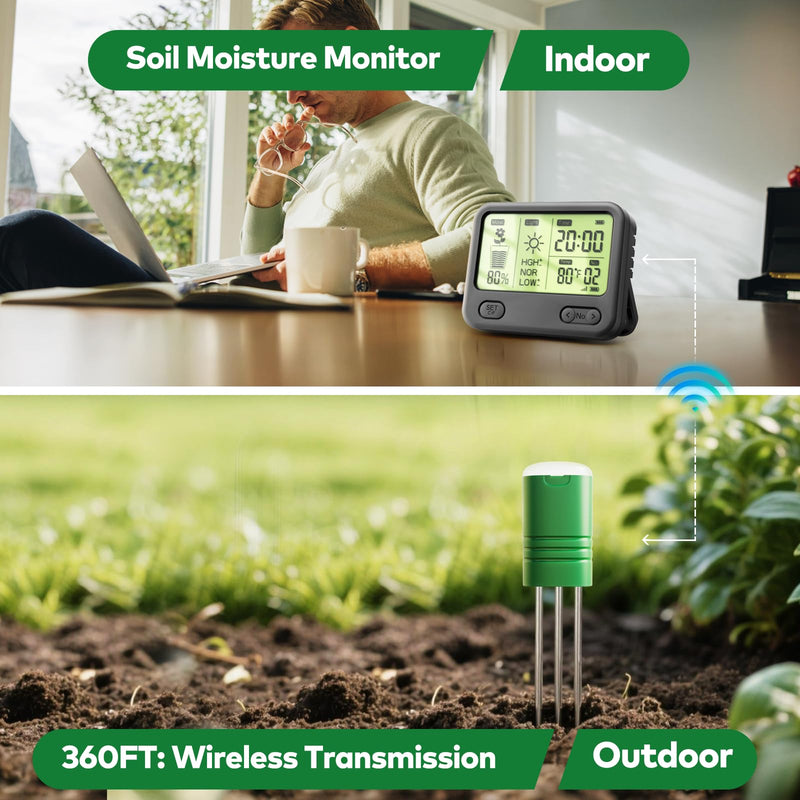 Nexuslab Wireless Soil Moisture Meter with LCD Receiver – 3‑Probe 3‑in‑1 Sensor (Moisture, Temperature, Light), 230 ft RF Range, Waterproof, Long Battery Life for Indoor/Outdoor Plants and Gardens Main Unit + 2 Sensors