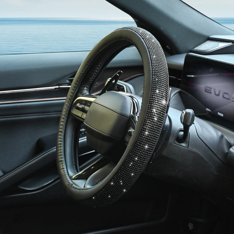  [AUSTRALIA] - New Diamond Leather Steering Wheel Cover with Bling Bling Crystal Rhinestones, Universal Fit 15 Inch Car Wheel Protector for Women Girls,Black Diamond Black Diamonds Standard Size[14"1/2-15"]