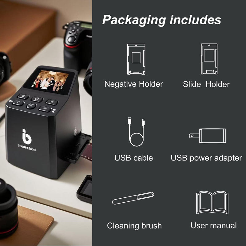 BEONEGLOBAL ClearScan MINI Film Scanner 16MP Slide & Film Scanner, Converts 35mm/135/126 Film & Slides to Digital Photos, Easy-to-Use Film Digitizer，2.31" LCD Screen